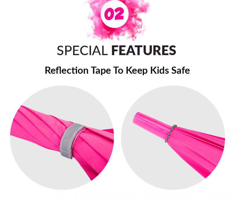 ร่มชูชีพเด็กอ่อนสีชมพูสะท้อนแสง Reflective Pink Auto Open Kids Umbrella